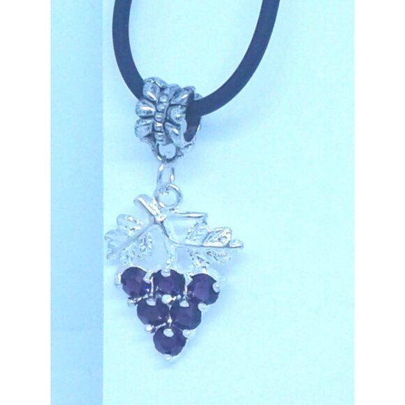 Necklace Purple Crystal Grape Cluster Leaves Vines 1" Long Chain Leather Cord - Picture 2 of 3